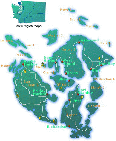 Map of San Juan Islands showing roads, towns, and tourist attractions (62813 bytes)